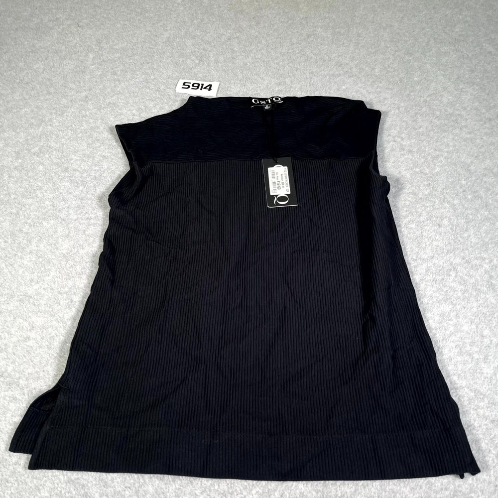 GSTQ Tank Top Womens Medium Black Asymmetric Neck Ribbed Knit Side Slit Sports